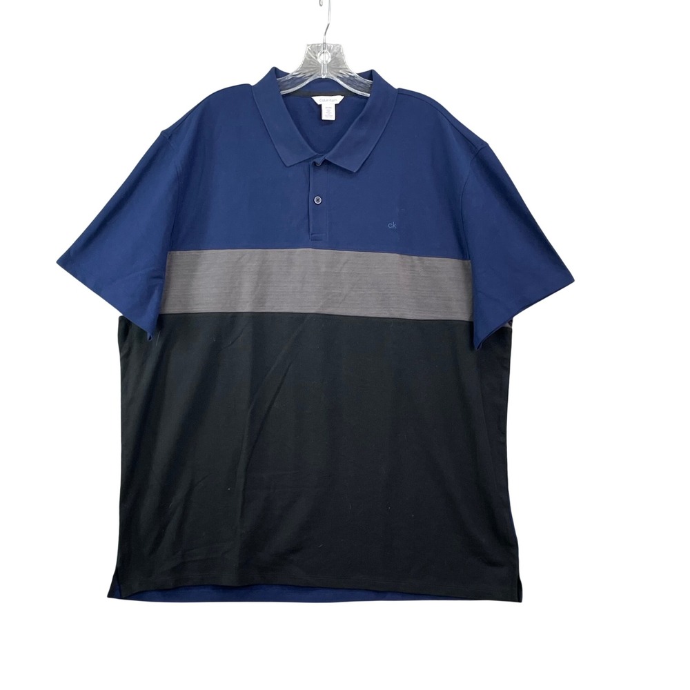 Calvin Klein Polo Shirt Mens XXL Blue Grey Black Colorblock Cotton Short Sleeve‎